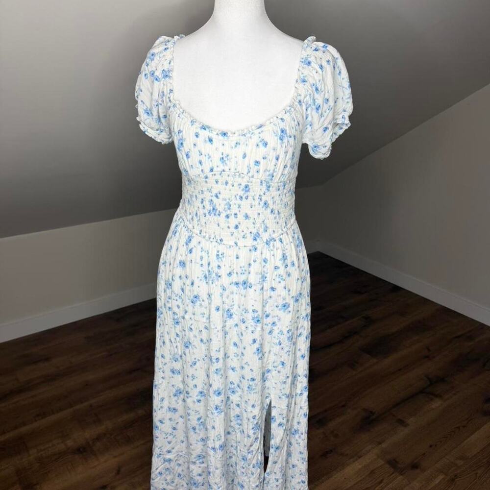 Aeropostale Blue Floral Milkmaid Midi Dress Cottagecore Coquette Prairie Size M